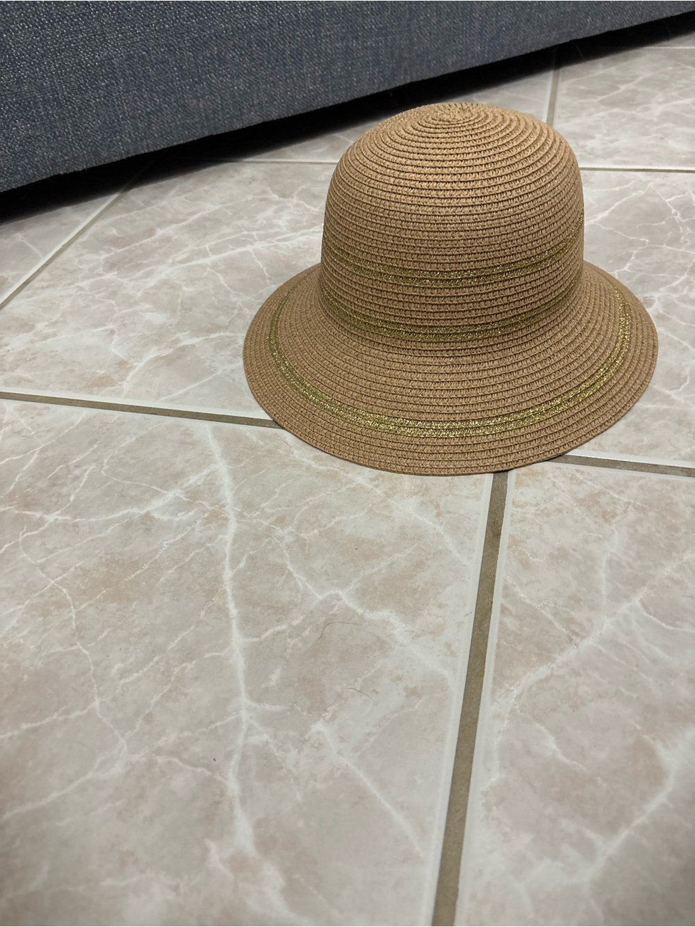 Women's Tan Straw Cloche Hat with Subtle Gold Accent